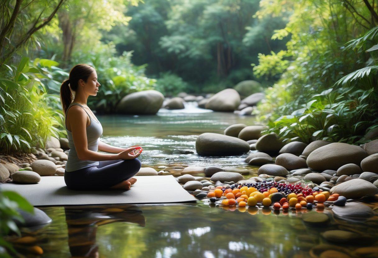 A serene setting with a person meditating on a yoga mat surrounded by lush greenery, balanced stones, and an array of colorful fruits and herbs symbolizing nourishment. A tranquil stream flows in the background, and soft sunlight filters through the leaves, creating a sense of peace and harmony. super-realistic. vibrant colors. soft focus.