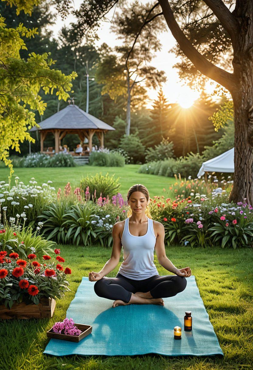 A serene scene showing a peaceful outdoor setting with a person practicing yoga on a lush green lawn, surrounded by flowers and trees. Nearby, there's a wooden table with natural health products like herbal teas and essential oils, and a sun setting in the background evoking a sense of tranquility. This idyllic environment invites feelings of wellness and self-care. super-realistic. vibrant colors. 3D.
