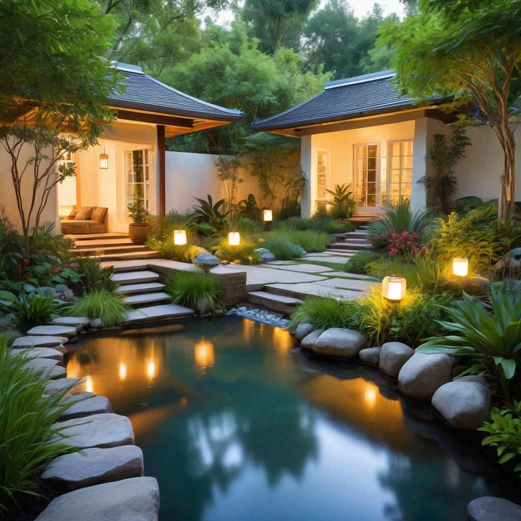 A serene scene depicting a tranquil garden with a small meditation area surrounded by lush greenery, glowing lanterns, and soft flowing water. In the background, a zen-inspired home harmonizes with nature, showcasing solar panels and a vegetable garden. The colors are calming, with shades of green and soft blues, evoking a sense of peace and mindfulness. super-realistic. vibrant colors. white background.
